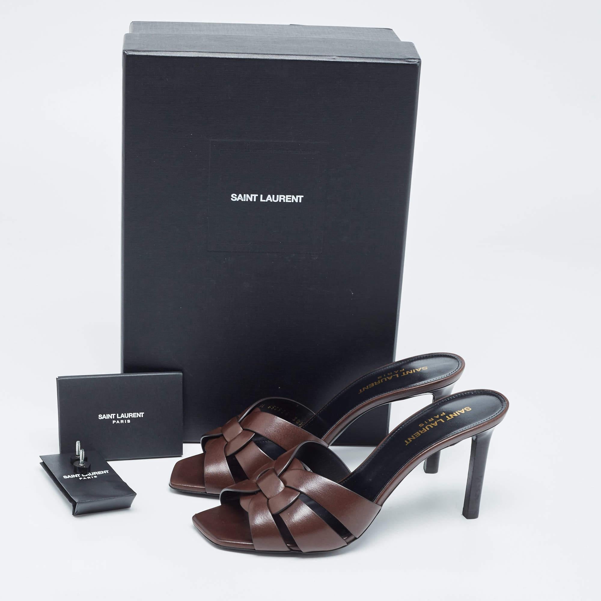 Saint Laurent Brown Leather Tribute Slide Sandals Size 38.5 2