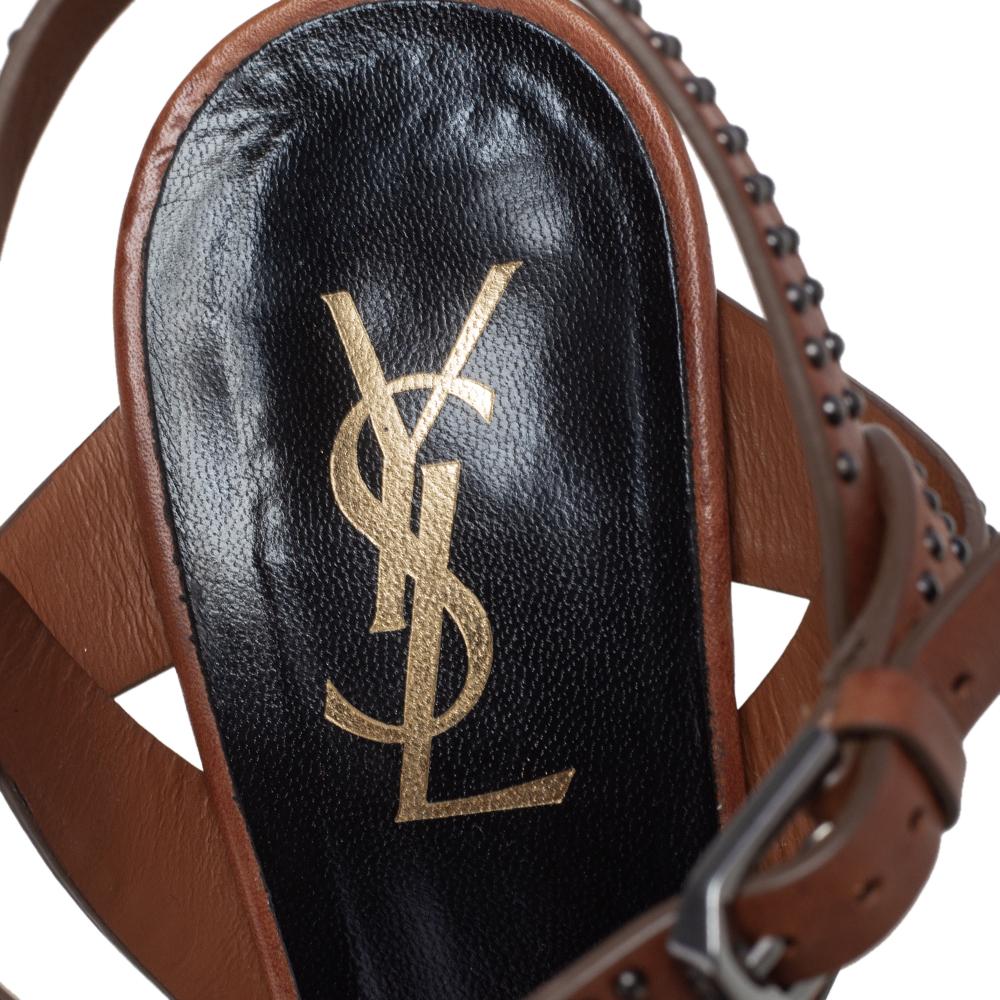 Saint Laurent Brown Leather Tribute Studded Sandals Size 37 In Good Condition In Dubai, Al Qouz 2