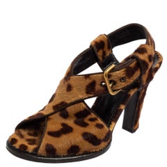 Saint Laurent Brown Leopard Print Calf Hair Slingback Sandals Size 36.5