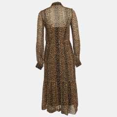 Saint Laurent Brown Leopard Print Chiffon Midi Dress S