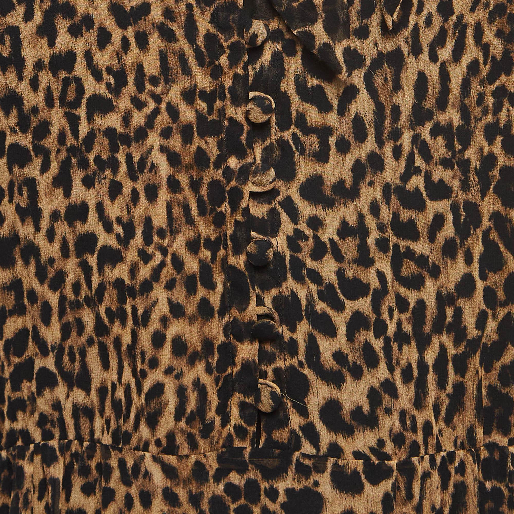 Saint Laurent Brown Leopard Print Chiffon Midi Dress S For Sale 2
