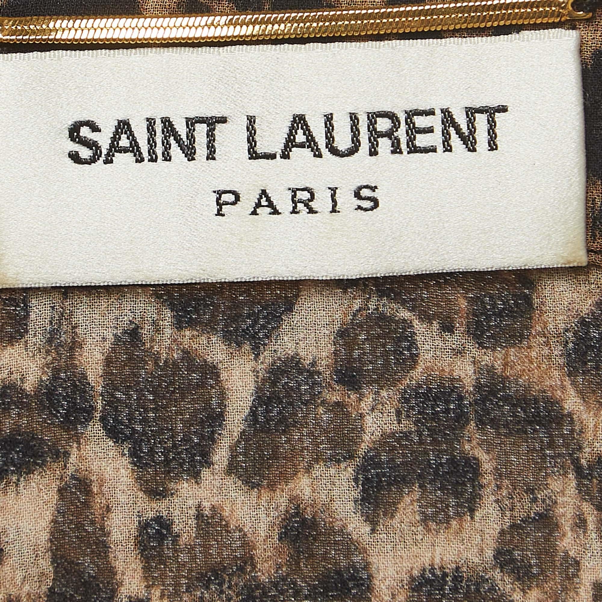Saint Laurent Brown Leopard Print Chiffon Midi Dress S For Sale 2