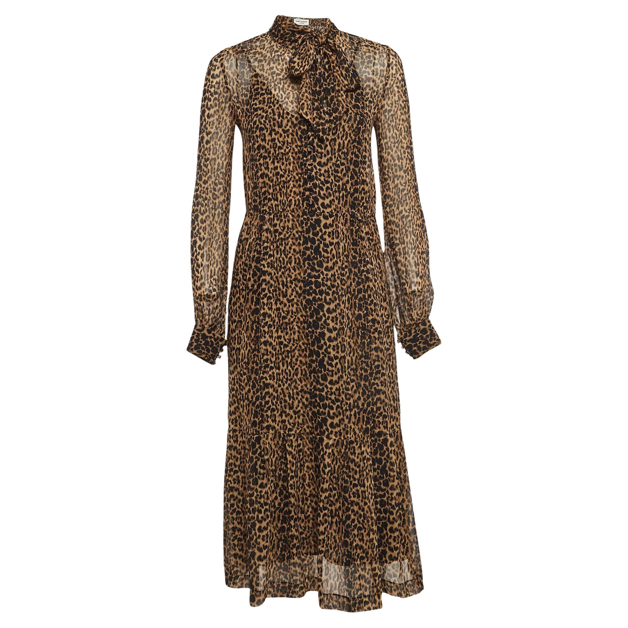 Saint Laurent Brown Leopard Print Chiffon Midi Dress S For Sale