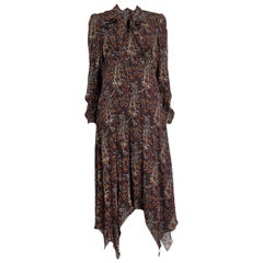 SAINT LAURENT brown LONG SLEEE PAISLEY CREPE PUSSY BOW MIDI Dress 42 L