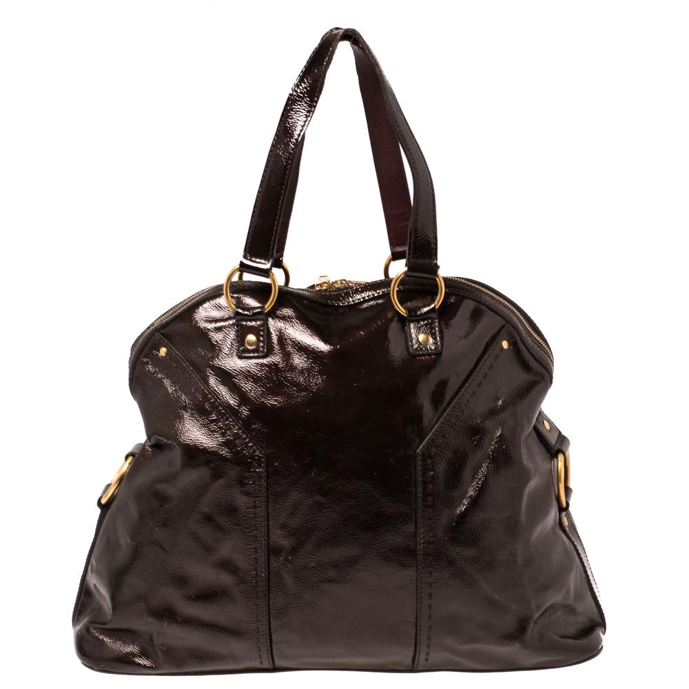 Black Saint Laurent Brown Patent Leather Large Muse Bag