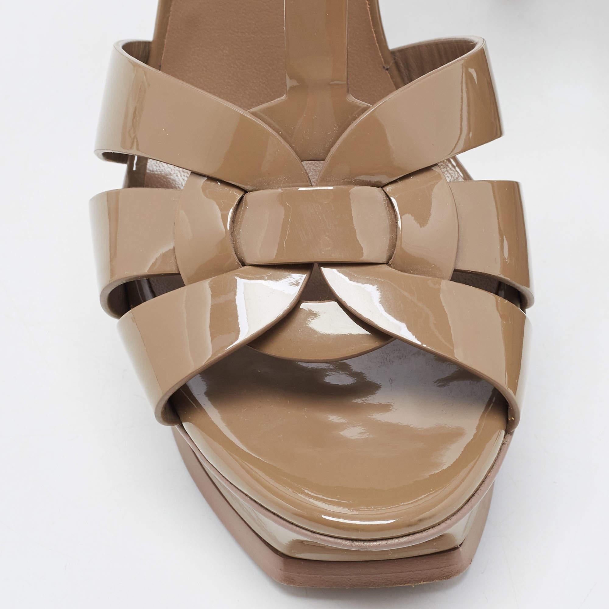 Saint Laurent Brown Patent Leather Tribute Sandals Size 37.5 In Excellent Condition In Dubai, Al Qouz 2