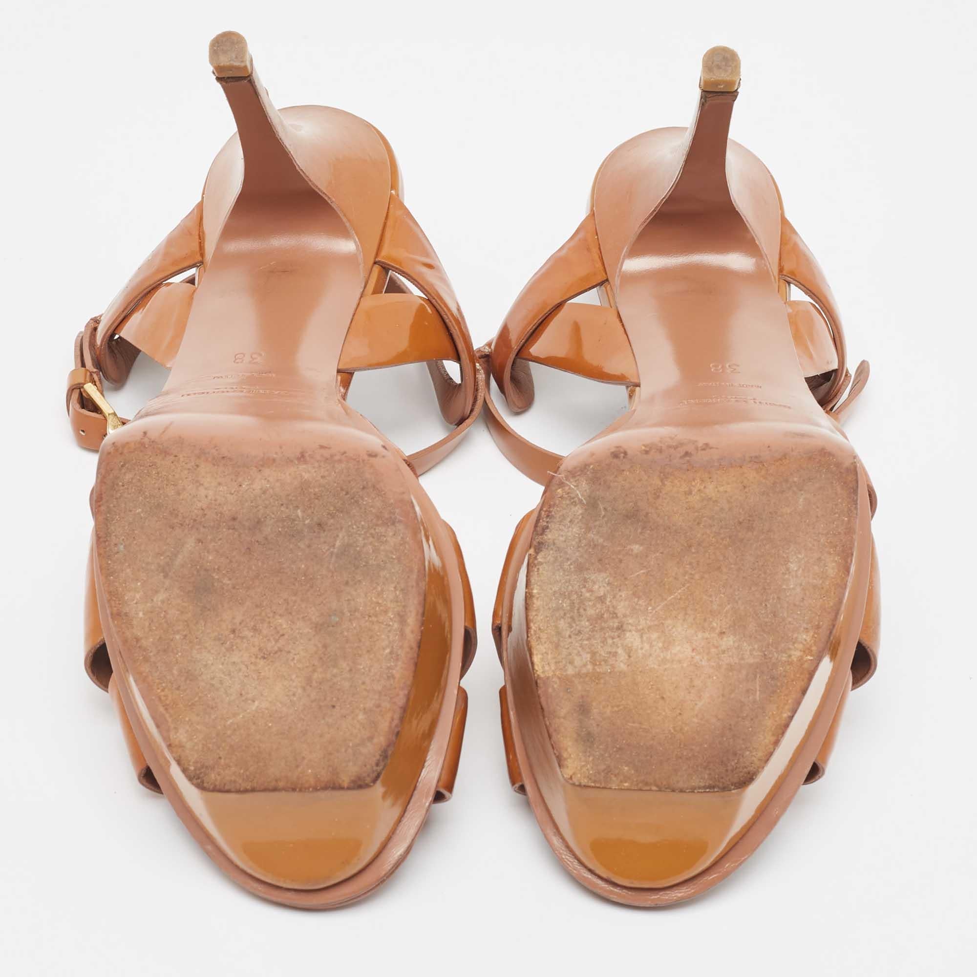 Saint Laurent Brown Patent Leather Tribute Sandals Size 38 For Sale 2
