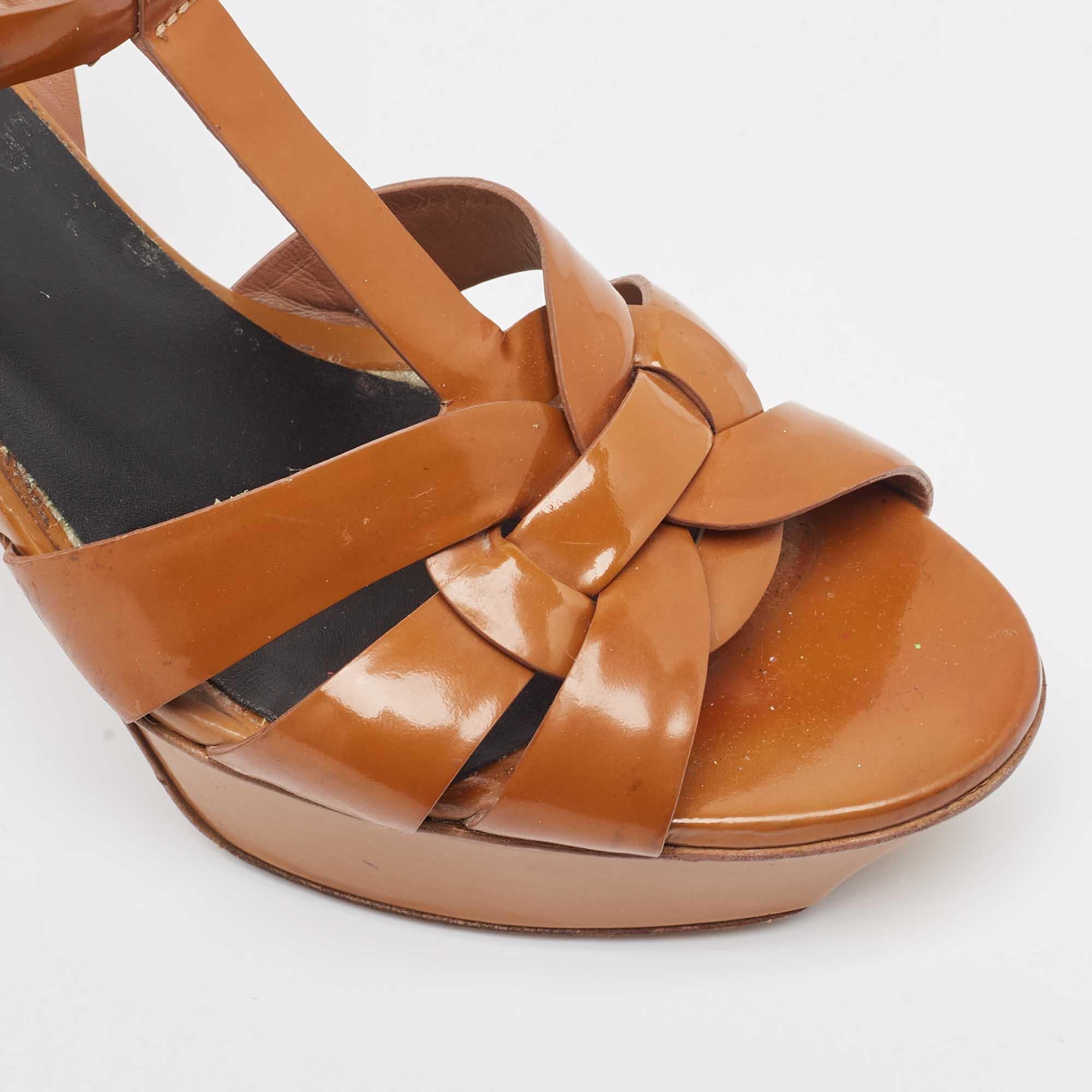 Saint Laurent Brown Patent Leather Tribute Sandals Size 38 For Sale 3
