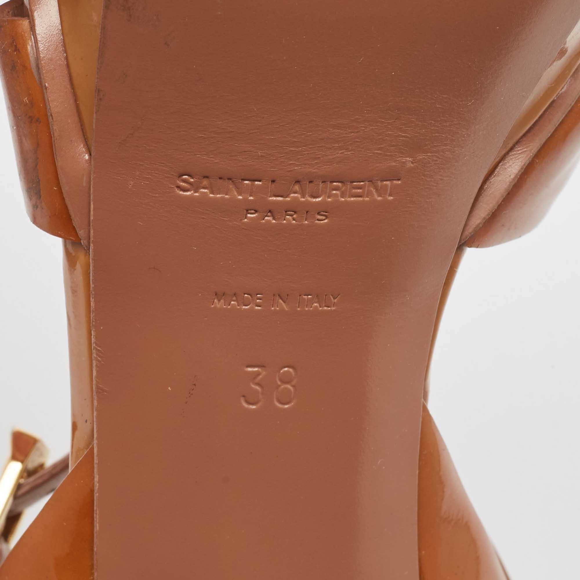 Saint Laurent Brown Patent Leder Tribute Sandalen Größe 38 im Angebot 4