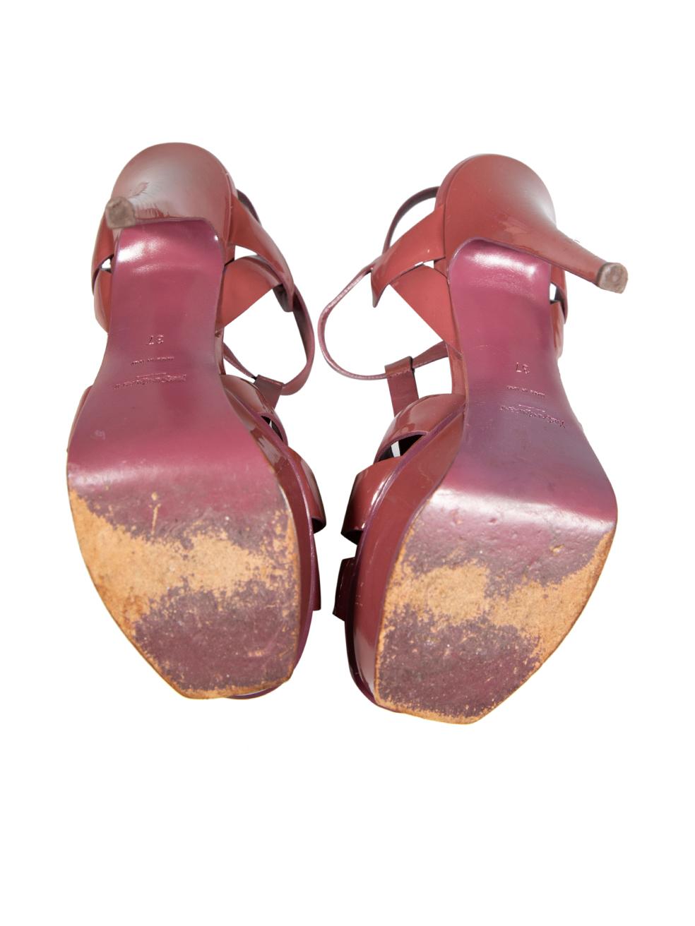 Women's Saint Laurent Brown Patent Tribute Platform Sandals Size IT 37 For Sale