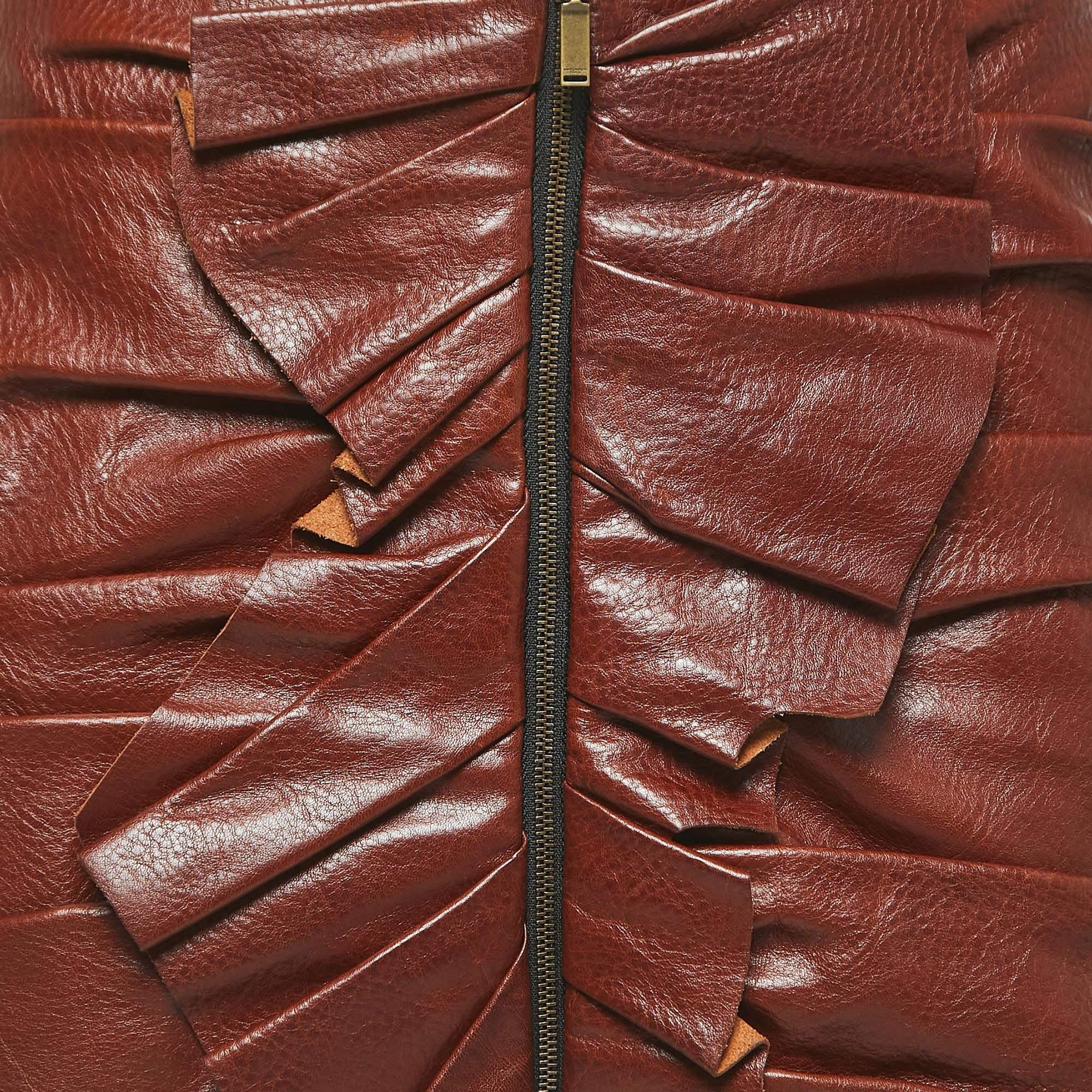 Saint Laurent Brown Ruched Leather Mini Skirt S In Good Condition In Dubai, Al Qouz 2