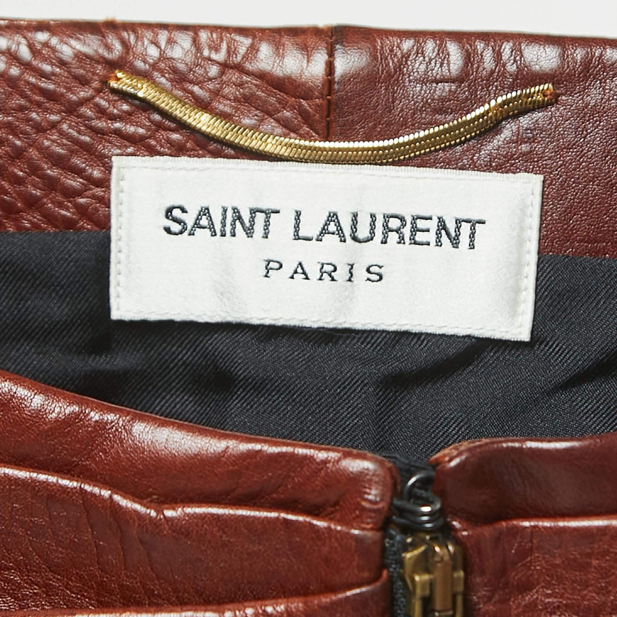 Women's Saint Laurent Brown Ruched Leather Mini Skirt S