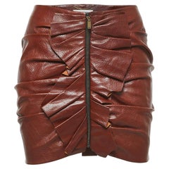 Saint Laurent Brown Ruched Leather Mini Skirt S