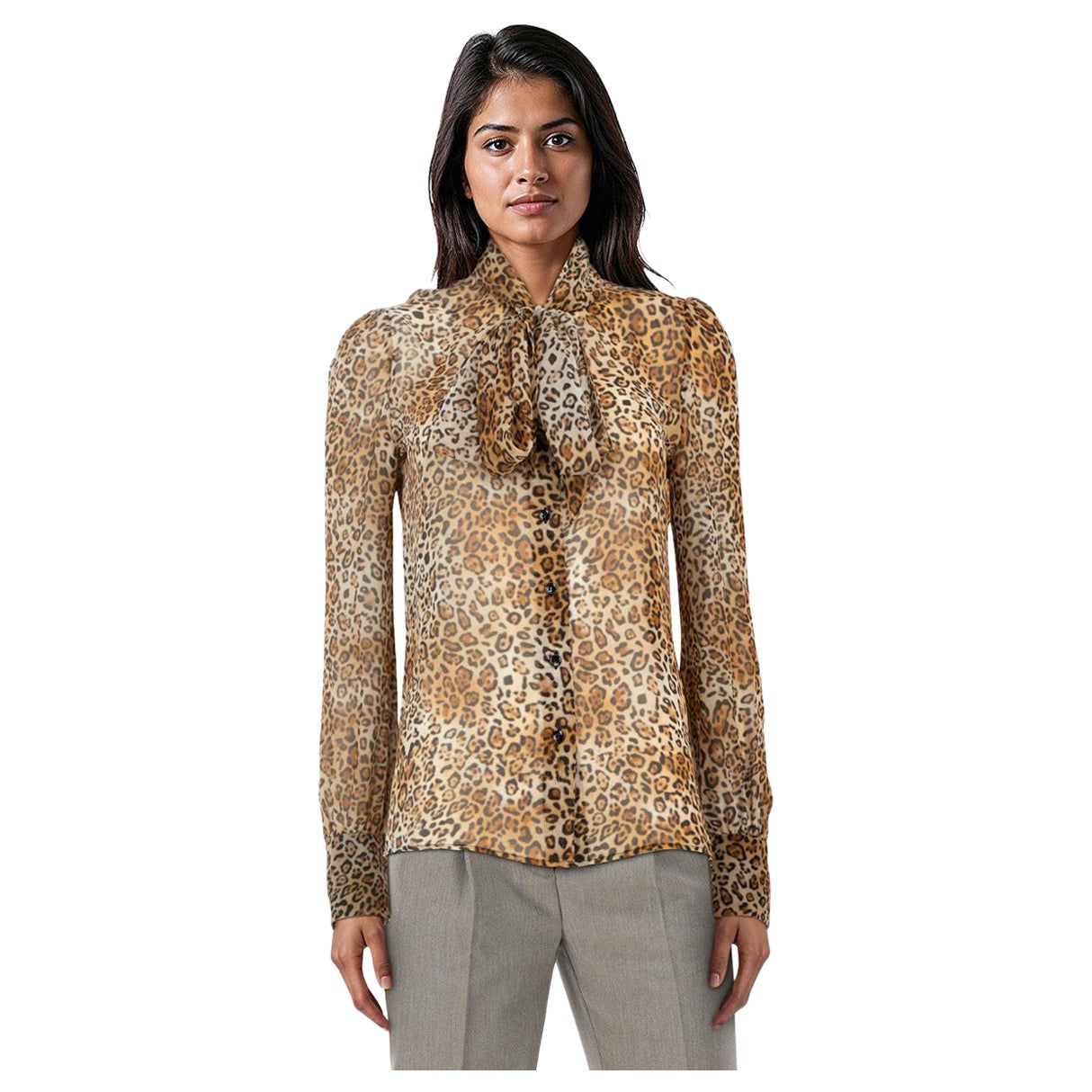 Saint Laurent Braun Seide Leopard Halskrawatte Bluse Größe M im Angebot