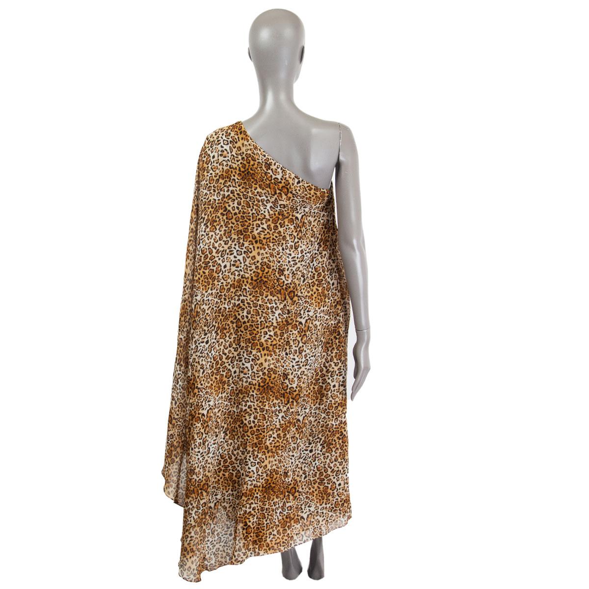 Brown SAINT LAURENT brown silk LEOPARD ONE SHOULDER KAFTAN Dress 42 L For Sale