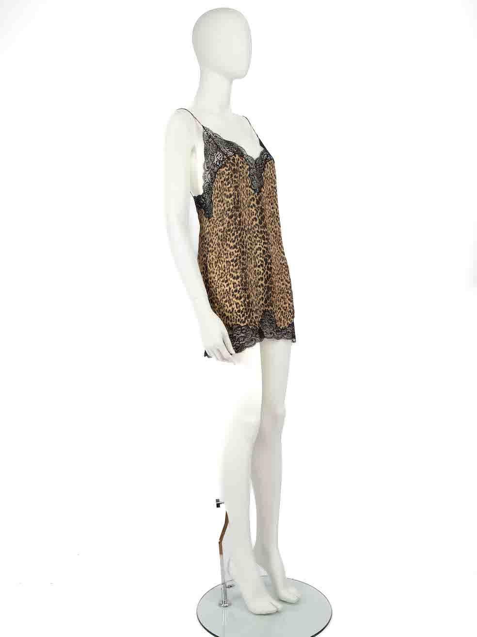 CONDITION is Never worn, with tags. No visible wear to dress is evident on this new Saint Laurent designer resale item.
 
 Details
 Brown
 Silk
 Slip dress
 Leopard print
 Mini
 Sleeveless
 V-neck
 Lace trim
 
 
 Made in France
 
 Composition
 100%