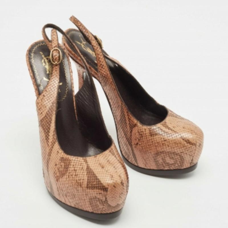 Marrone Saint Laurent Pumps Tribtoo in pelle di serpente marrone taglia 35 in vendita