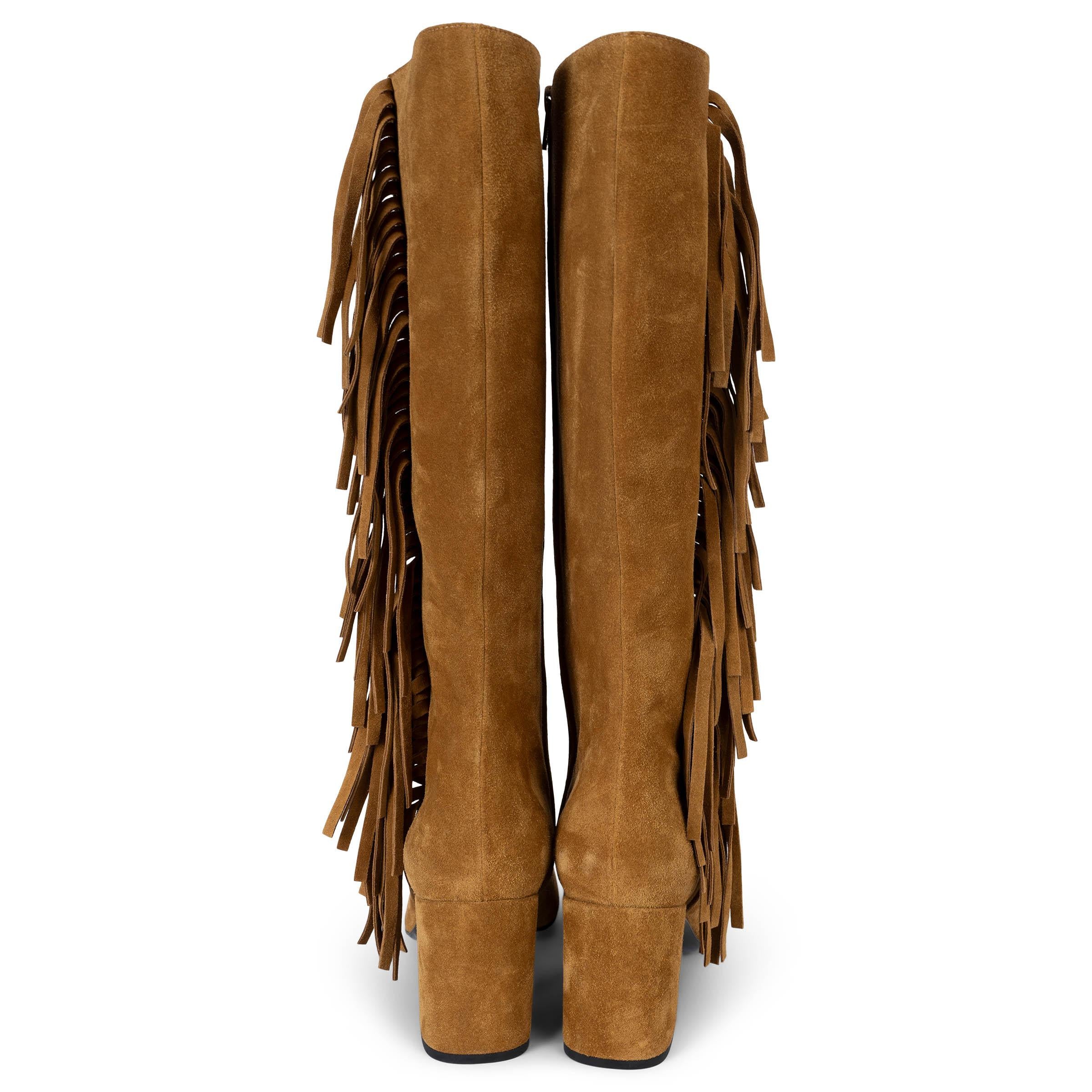 SAINT LAURENT brown suede 2015 BABIES FRINGE TRIM Boots Shoes 40.5 In New Condition For Sale In Zürich, CH