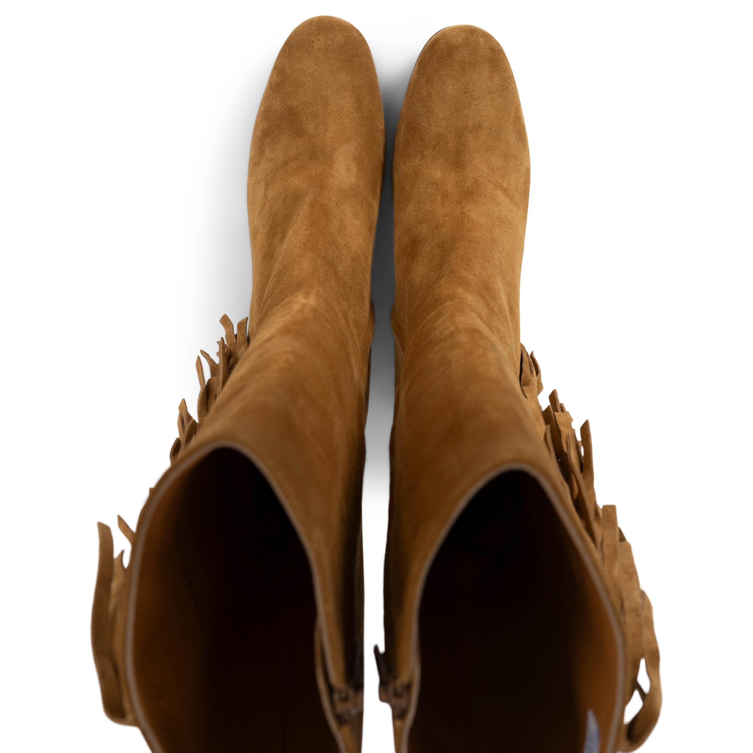 Women's SAINT LAURENT brown suede 2015 BABIES FRINGE TRIM Boots Shoes 40.5 For Sale