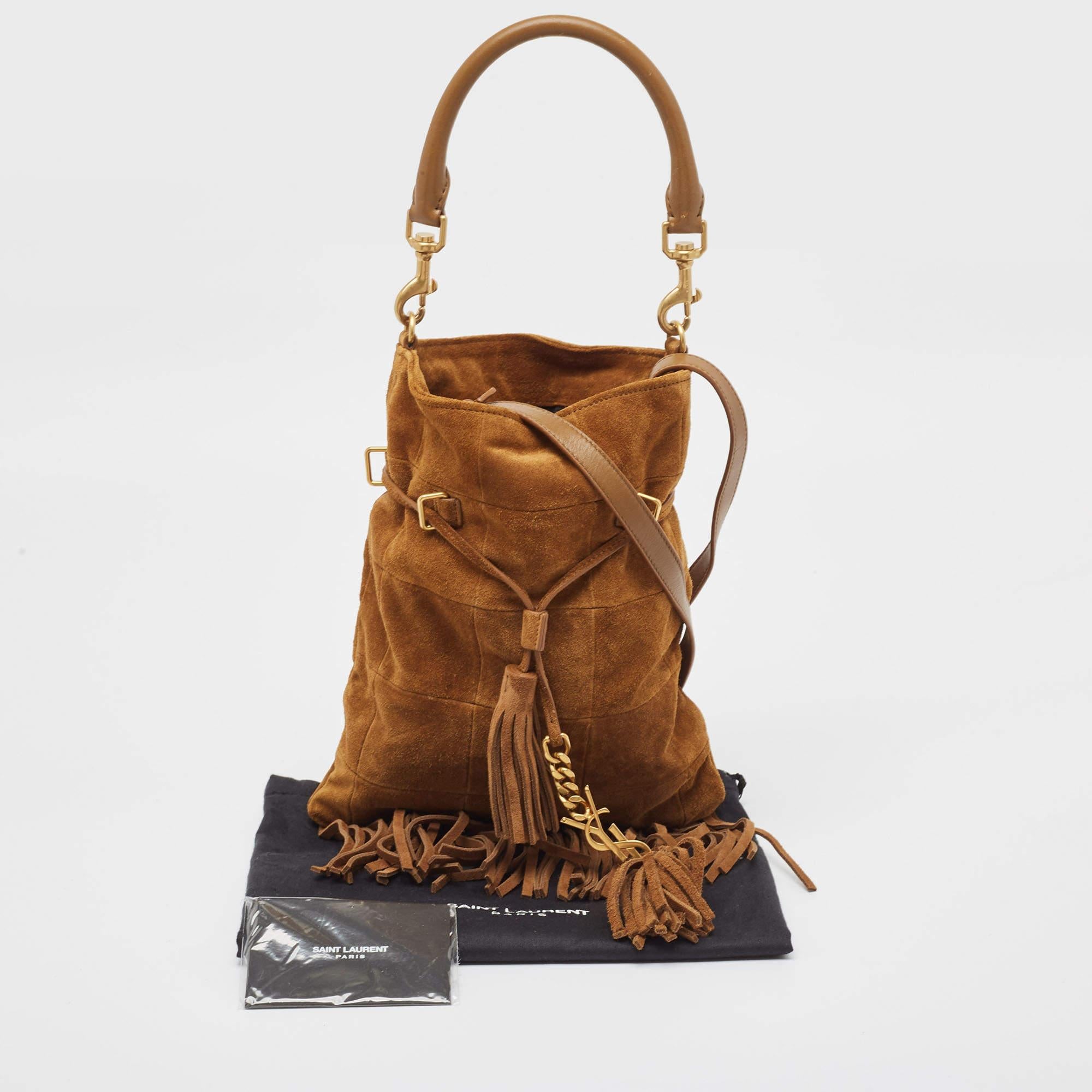Saint Laurent Brown Suede and Leather Tassle Fringe Bucket Bag For Sale 11