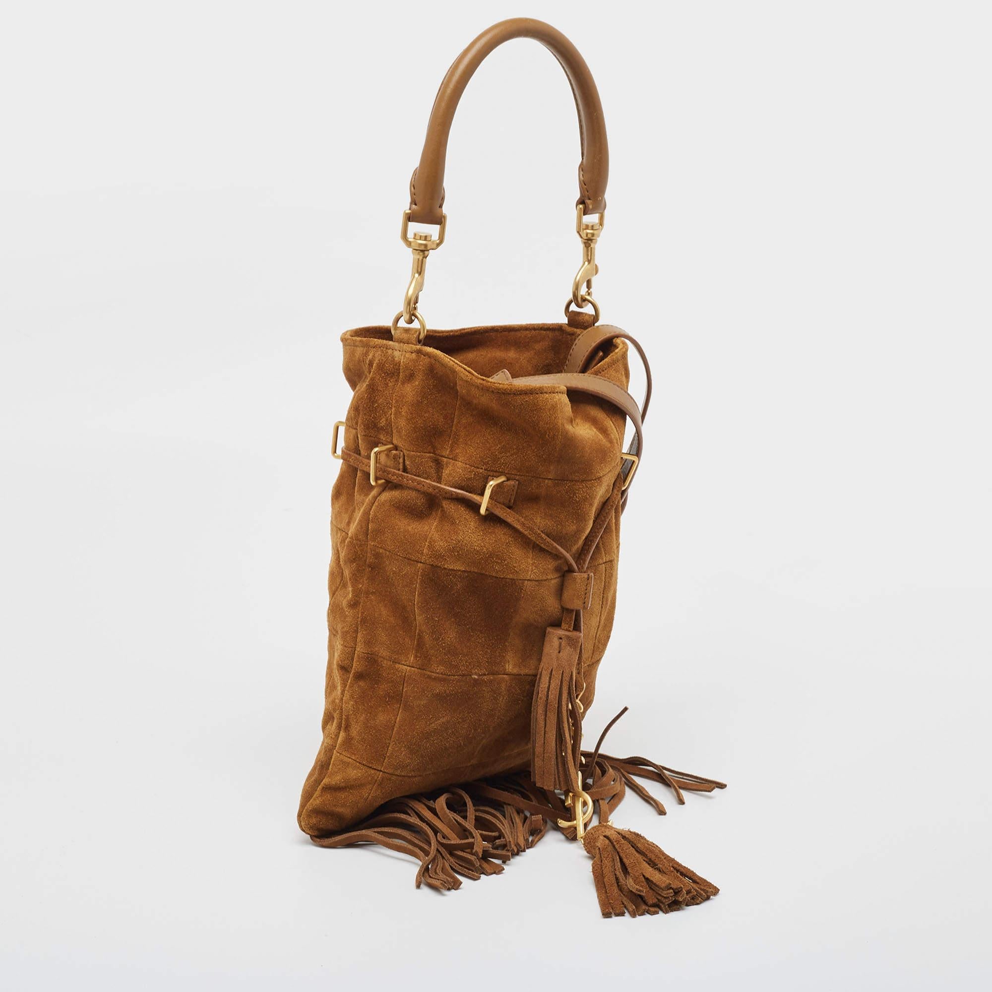 Women's Saint Laurent Brown Suede and Leather Tassle Fringe Bucket Bag For Sale