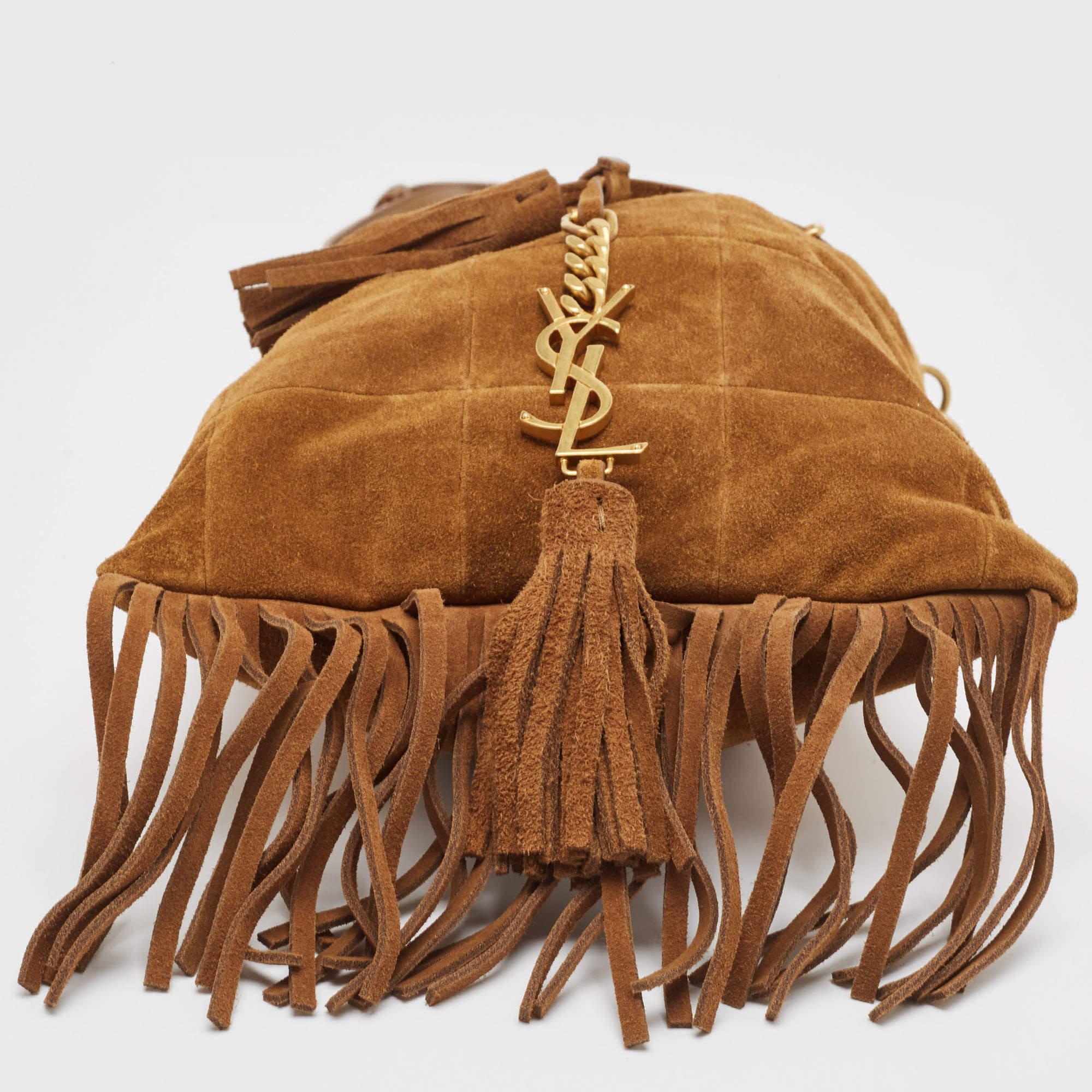 Saint Laurent Brown Suede and Leather Tassle Fringe Bucket Bag For Sale 1