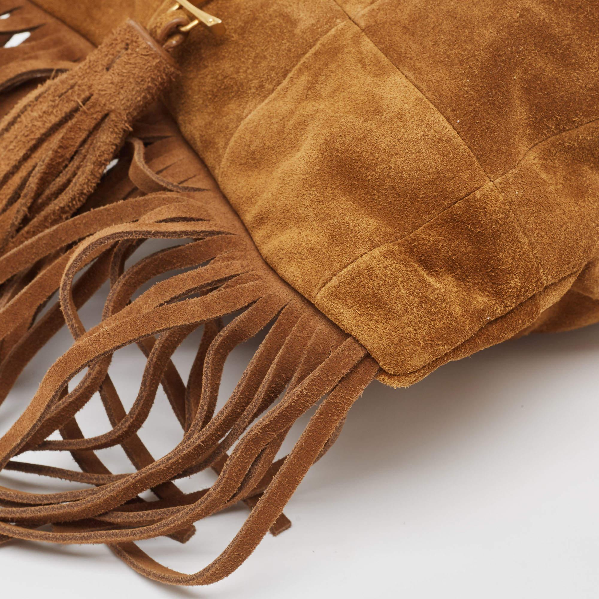 Saint Laurent Brown Suede and Leather Tassle Fringe Bucket Bag For Sale 2