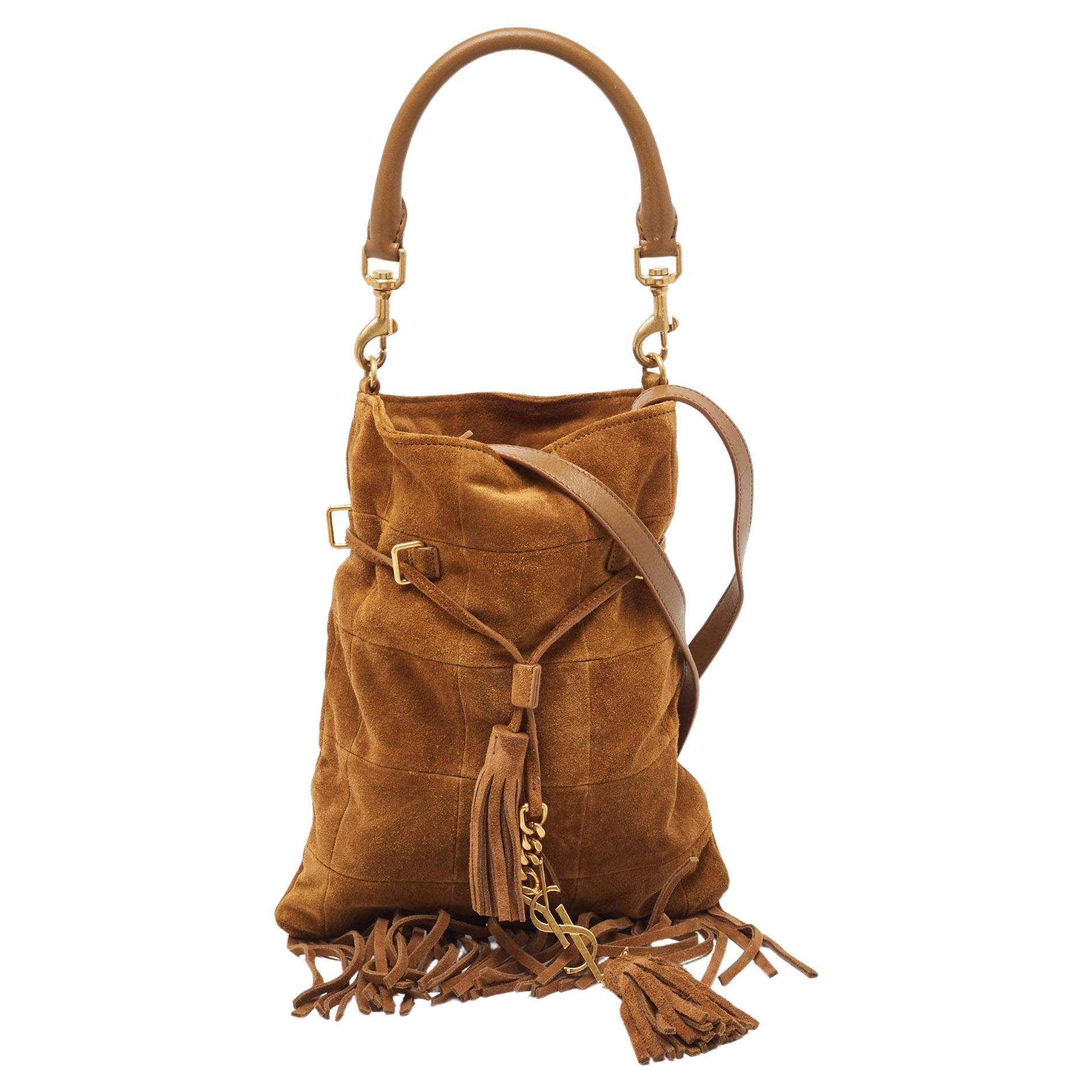 Saint Laurent Brown Suede and Leather Tassle Fringe Bucket Bag For Sale