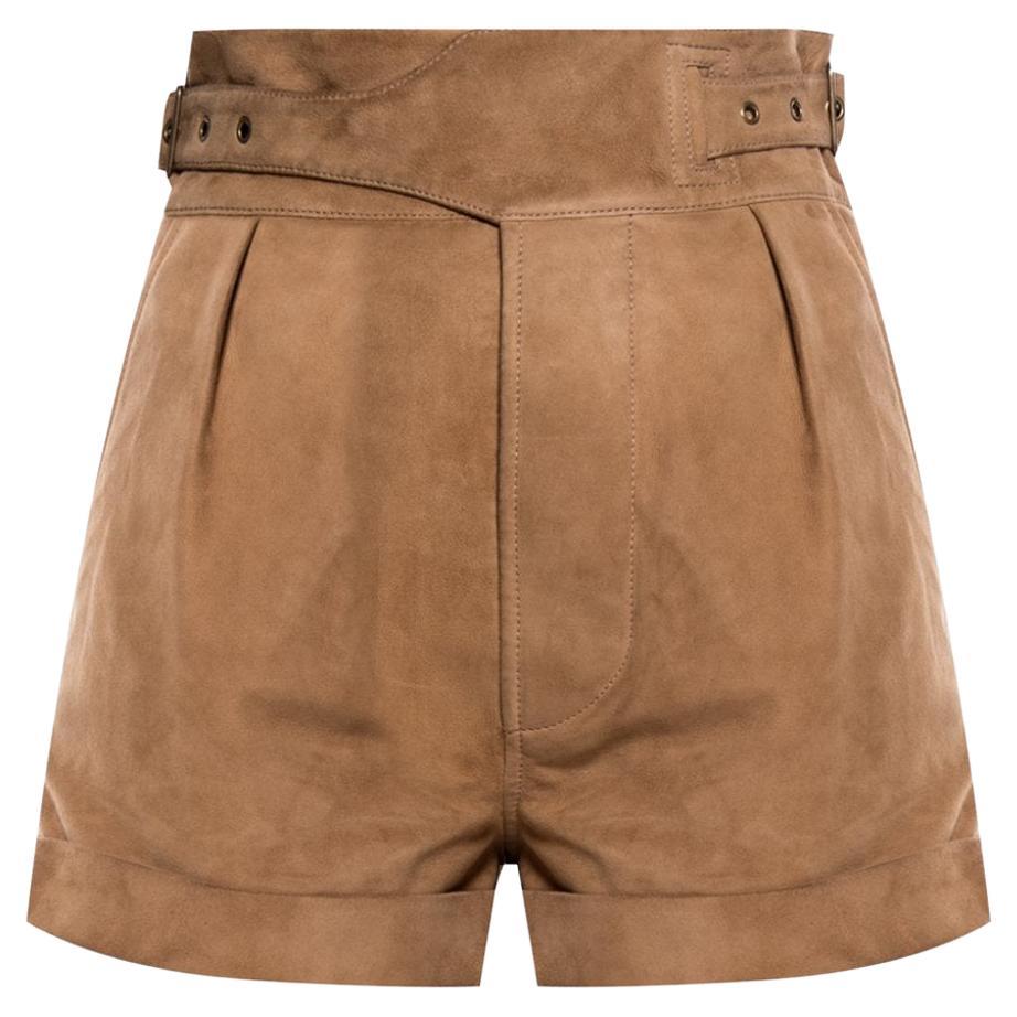 Saint Laurent Braune Wildleder-Mini-Shorts mit Gürtel und hoher Taille Größe 36