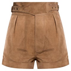 Saint Laurent Mini shorts de cintura alta con cinturón de ante marrón talla 36