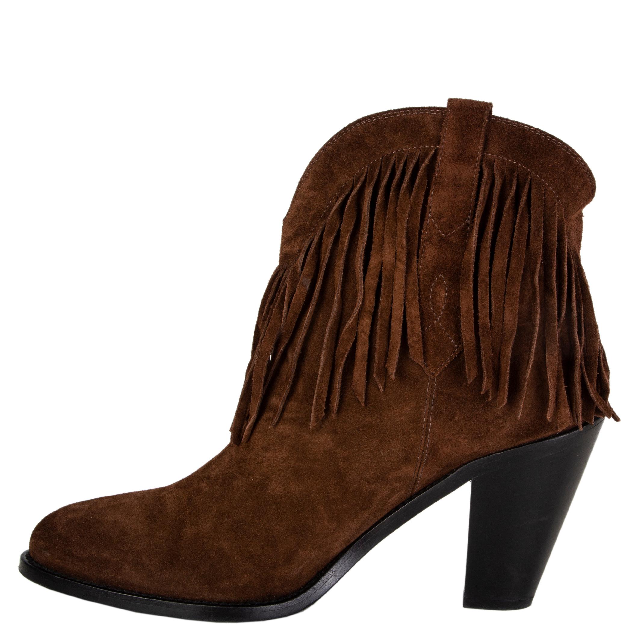 Black SAINT LAURENT brown suede CURTIS FRINGE COWBOY Ankle Boots Shoes 40