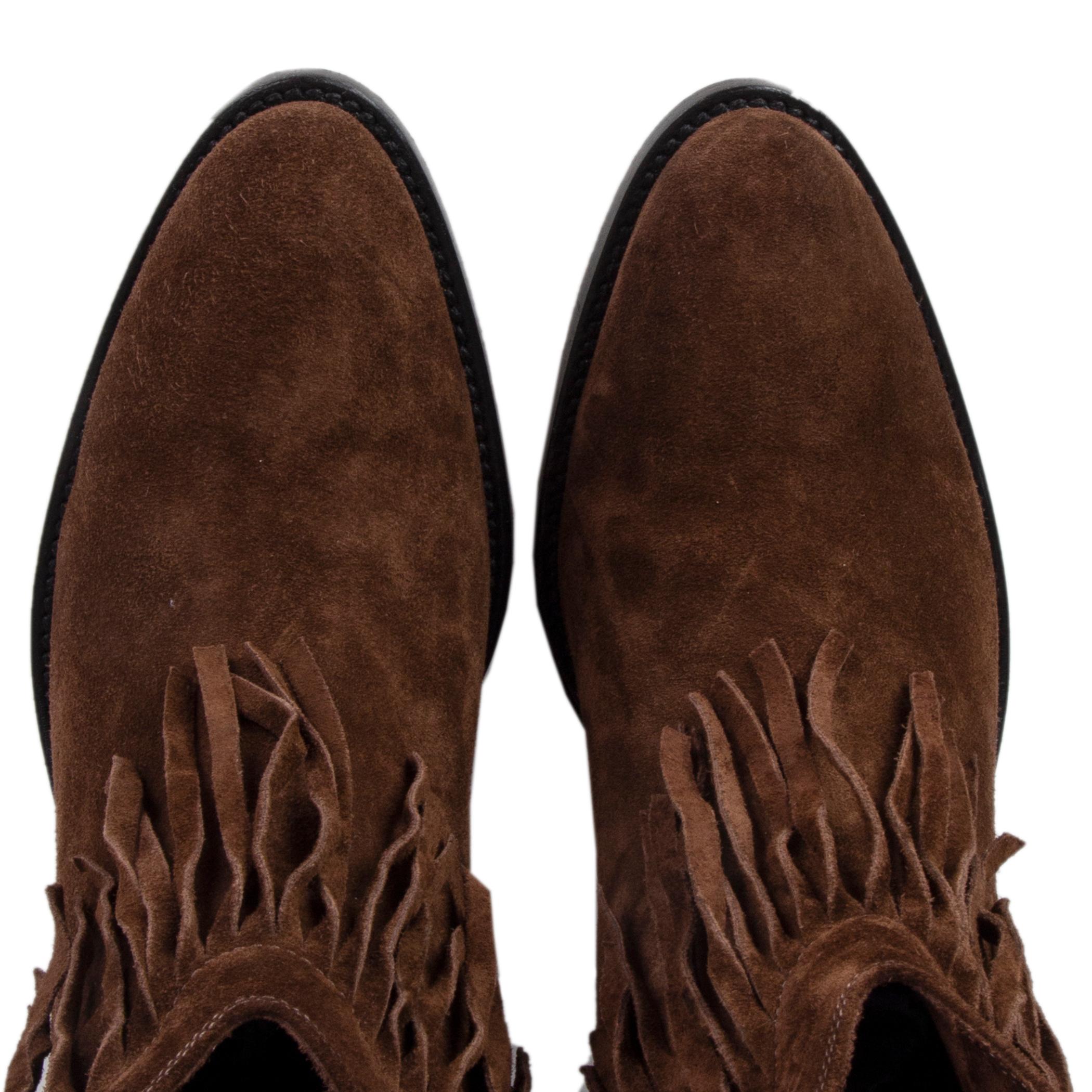 Women's SAINT LAURENT brown suede CURTIS FRINGE COWBOY Ankle Boots Shoes 40