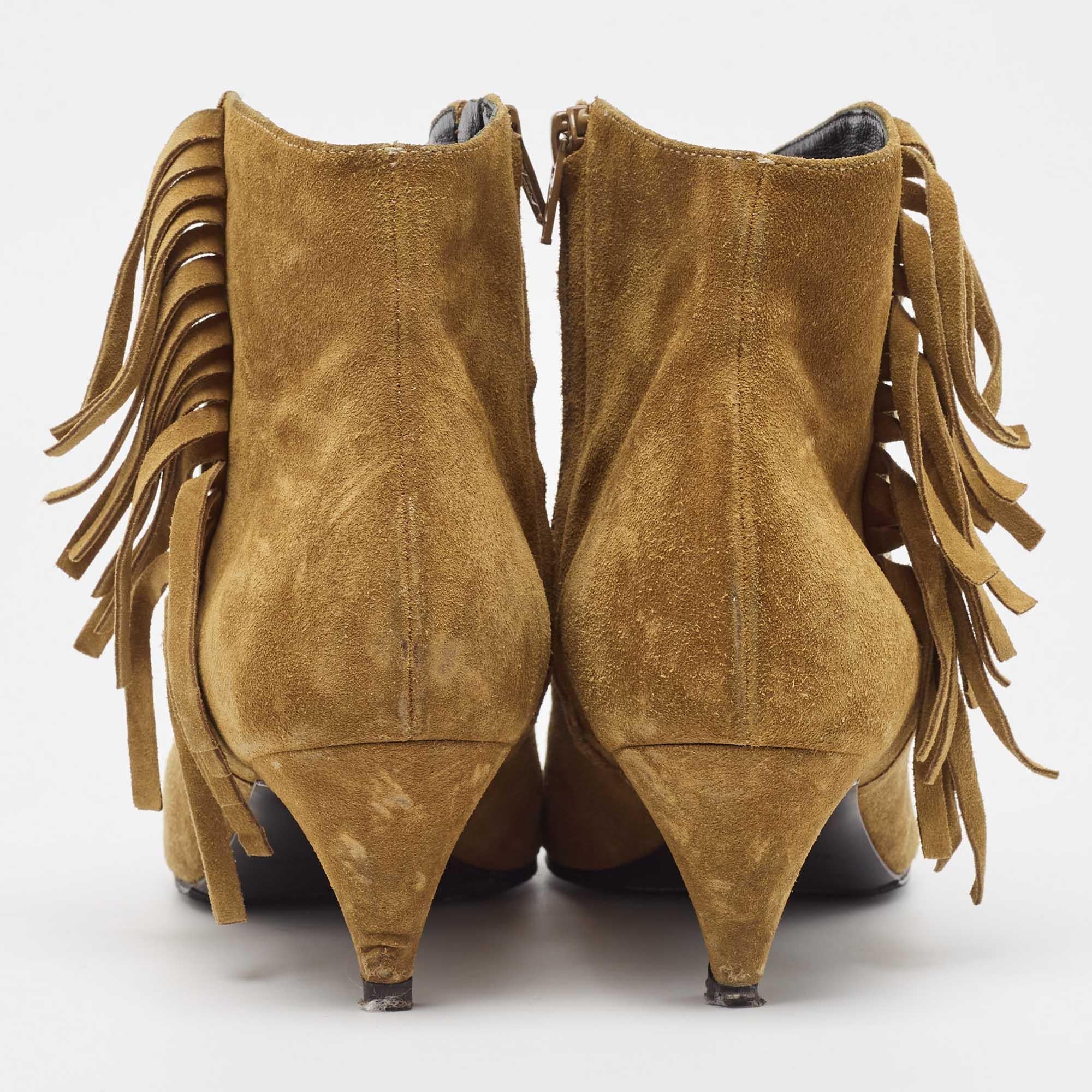 Women's Saint Laurent Brown Suede Fringe Detail Pointed Toe Ankle Boots Size 40 For Sale