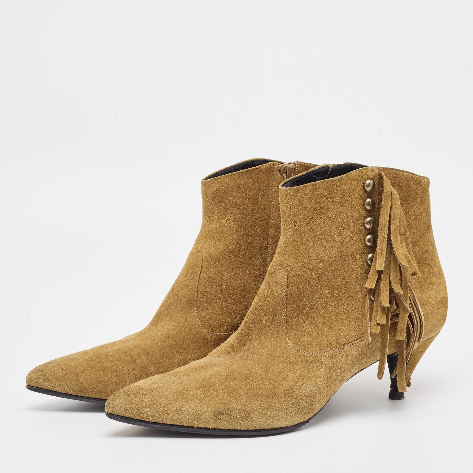 Saint Laurent Brown Wildleder Fransen Detail Pointed Toe Ankle Boots Größe 40 im Angebot 4