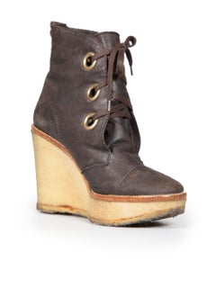 Saint Laurent Brown Suede Fur Lined Wedge Boots Size IT 37