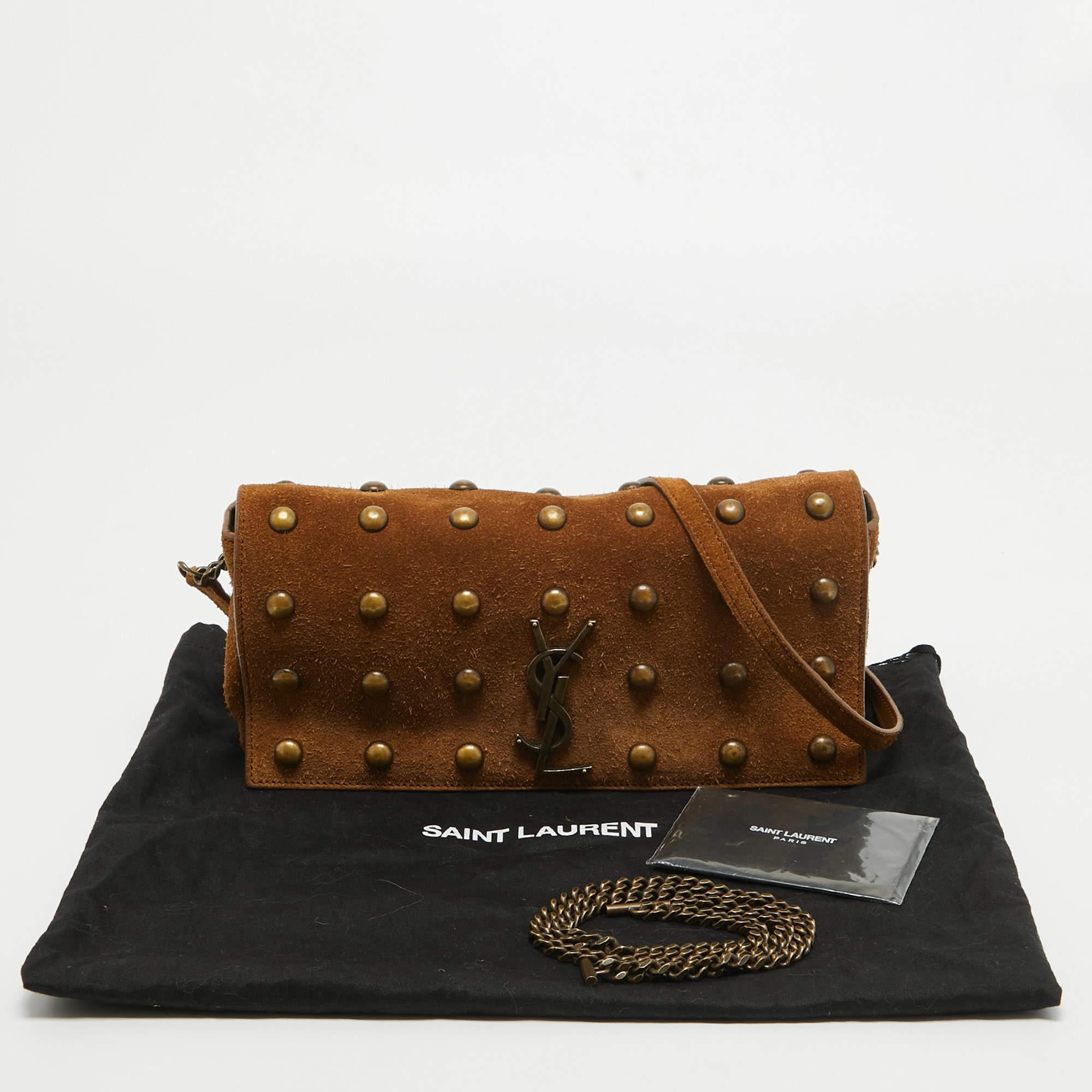Saint Laurent Brown Suede Studded Kate Baguette Bag For Sale 3
