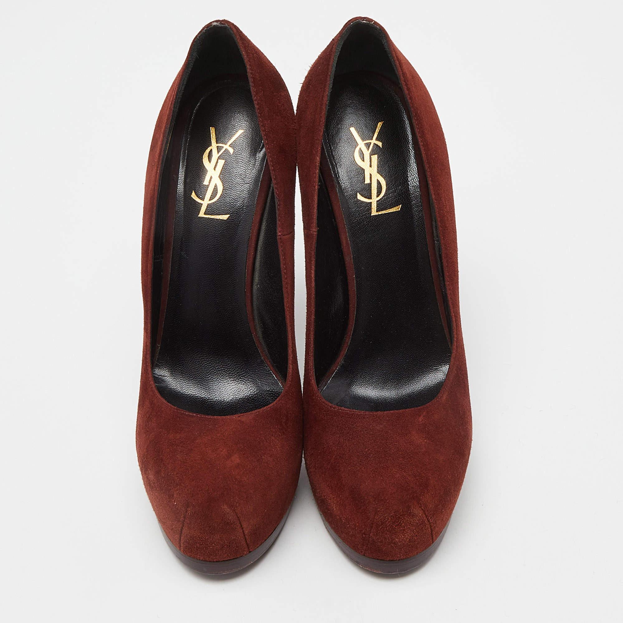 Saint Laurent Brown Suede Tribtoo Platform Pumps Size 39 In Fair Condition For Sale In Dubai, Al Qouz 2