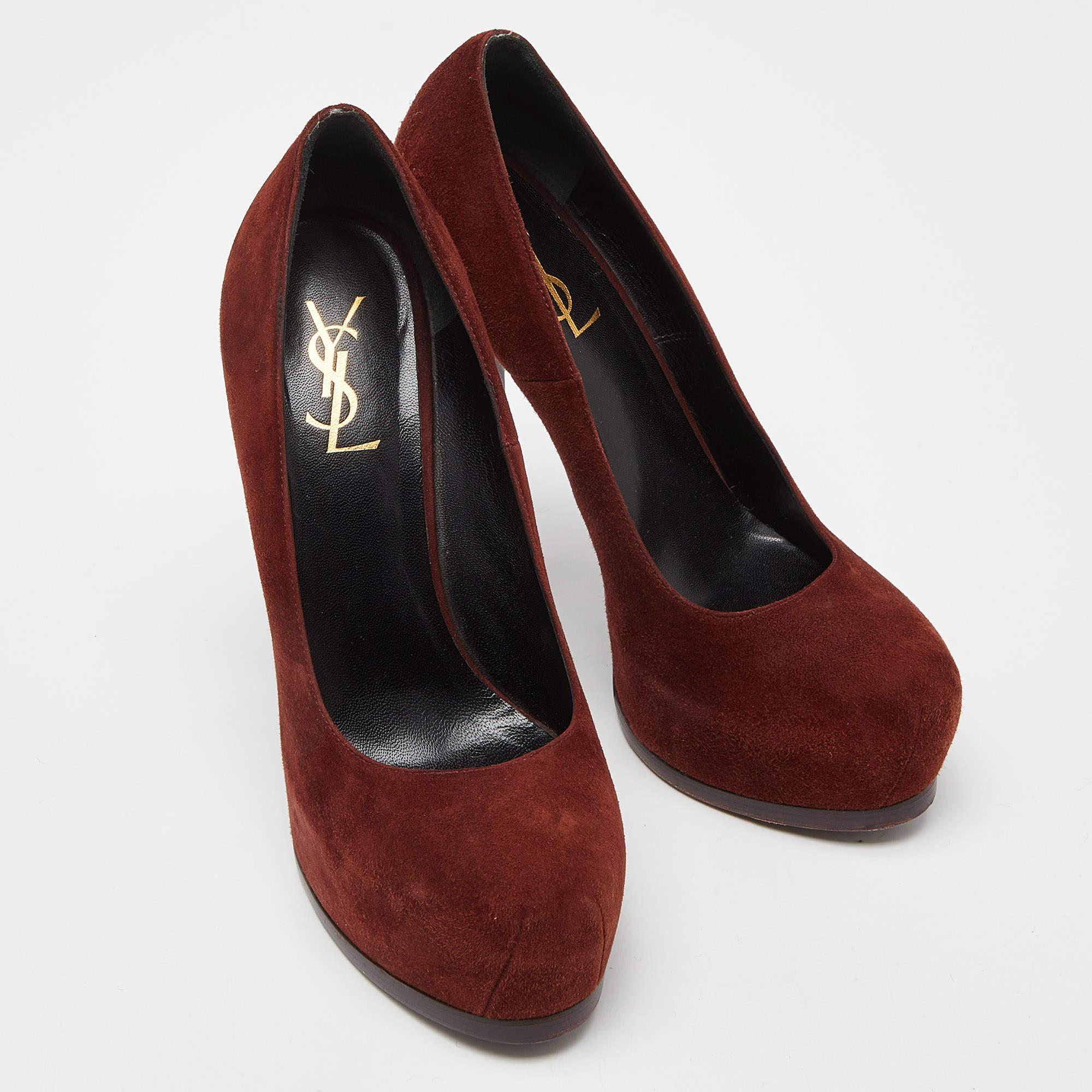 Women's Saint Laurent Brown Suede Tribtoo Platform Pumps Size 39 For Sale