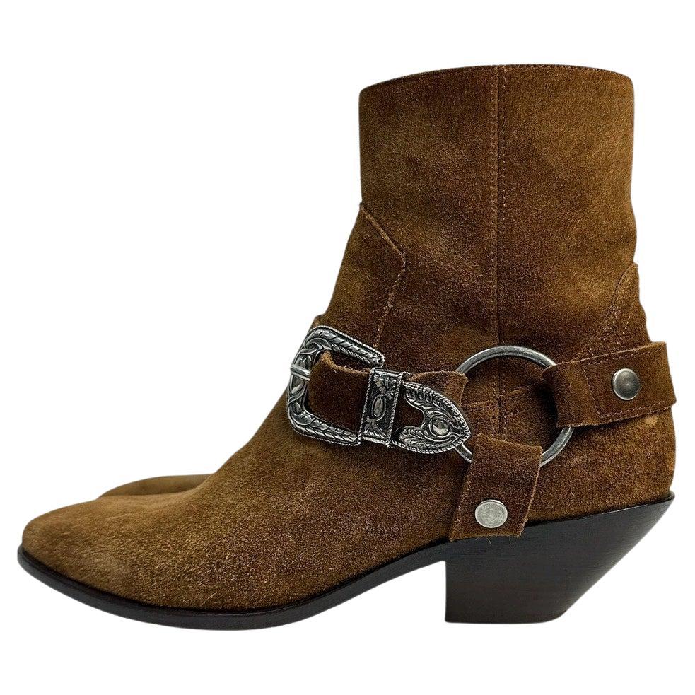 SAINT LAURENT Brown Suede WEST HARNESS Western Ankle Boots Sz.38.5