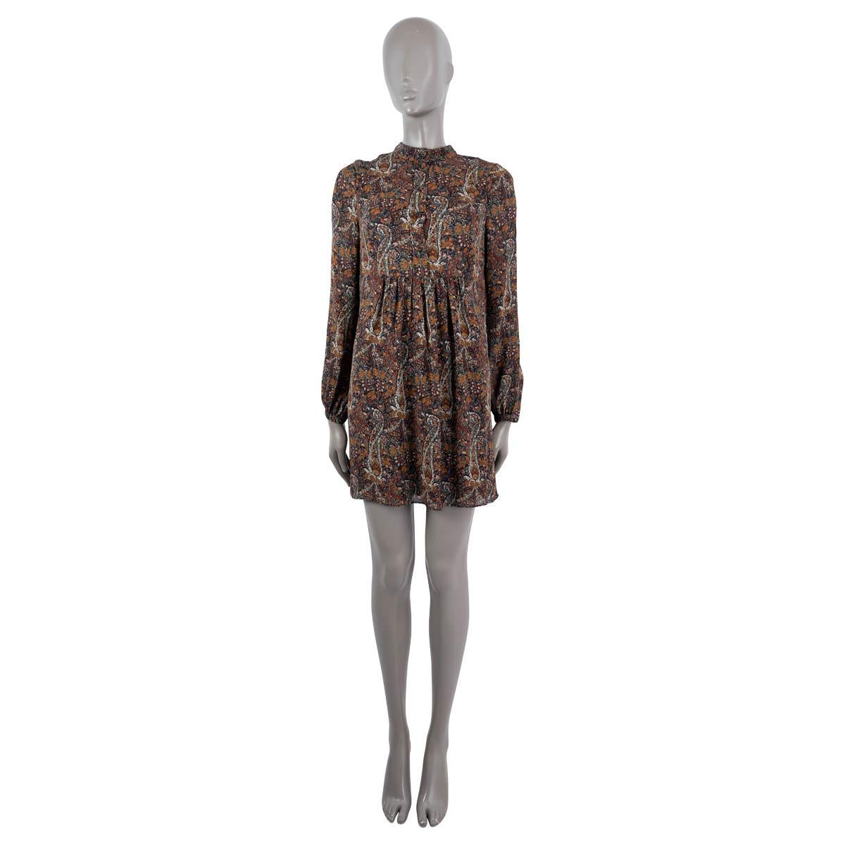 100% authentic Saint Laurent 2016 long sleeve paisley mini dress in brown, olive, mustard, beige and midnight blue viscose (100%). The design features five buttons at front, a stand-up collar, gathered front and sleeves with one-button cuff. Lined