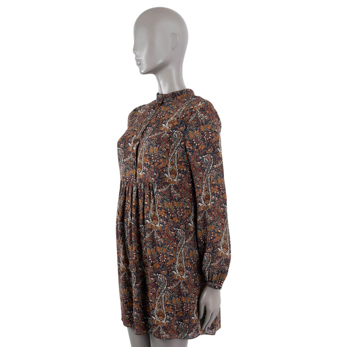 SAINT LAURENT brown viscose 2016 PAISLEY LONG SLEEVE MINI Dress 36 XS In Excellent Condition For Sale In Zürich, CH