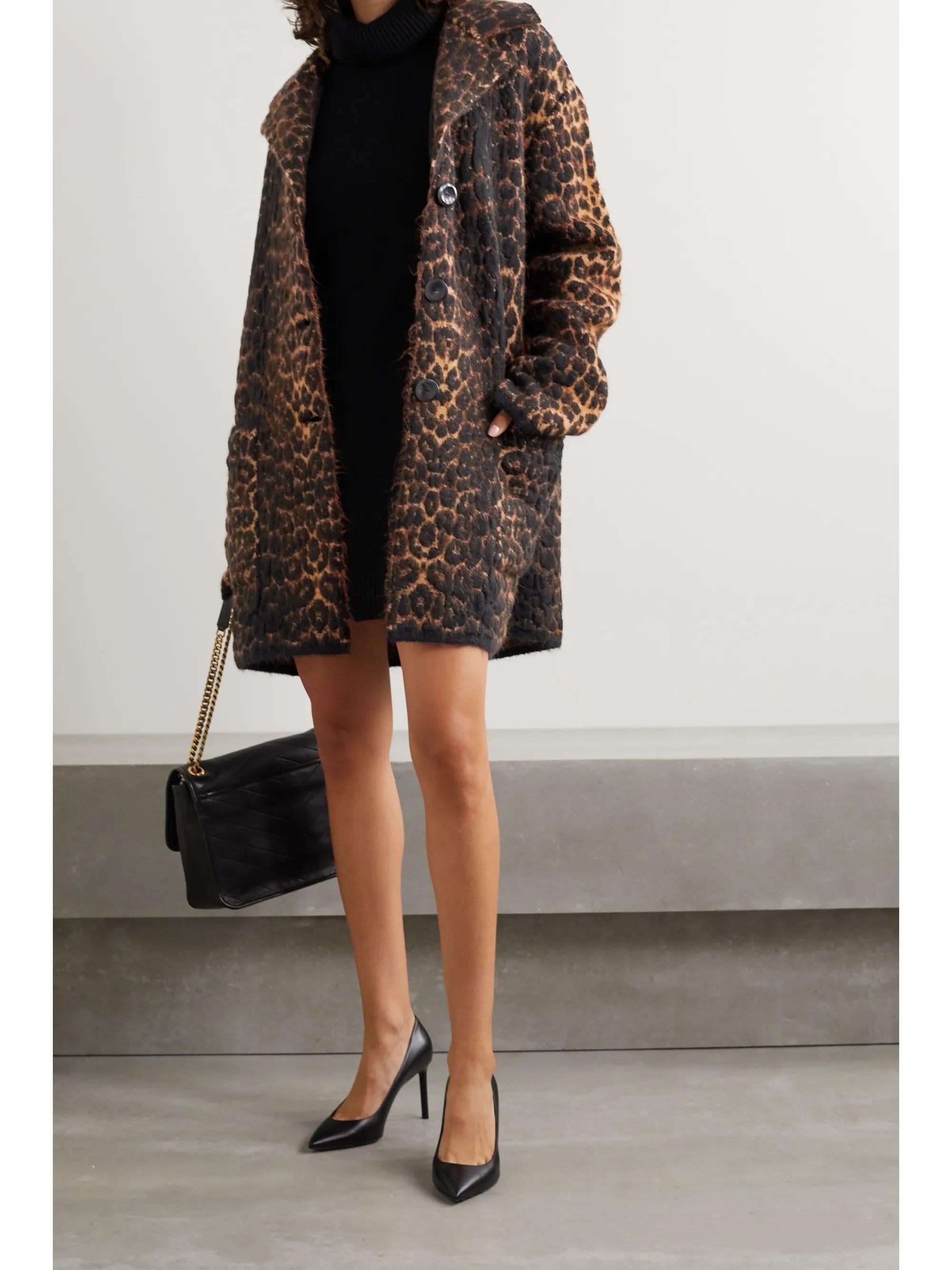 SAINT LAURENT braune Wolle 2020 LEOPARD JACQUARD Mantel Jacke XS im Angebot 3