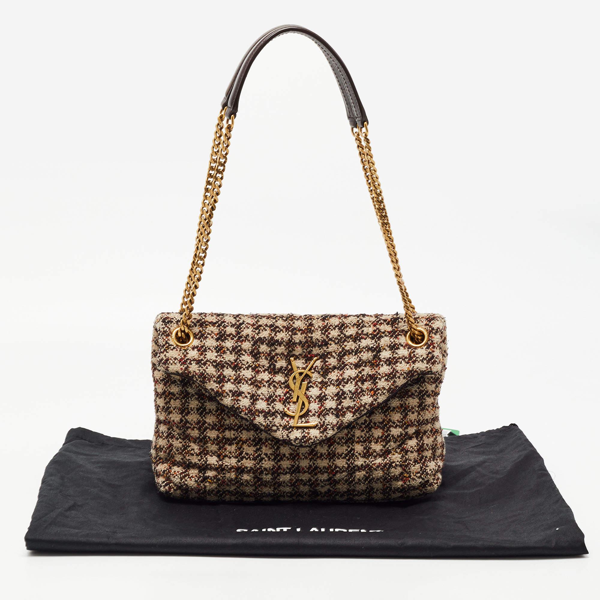 Saint Laurent Burgundy/Beige Tweed Small Puffer Shoulder Bag 8