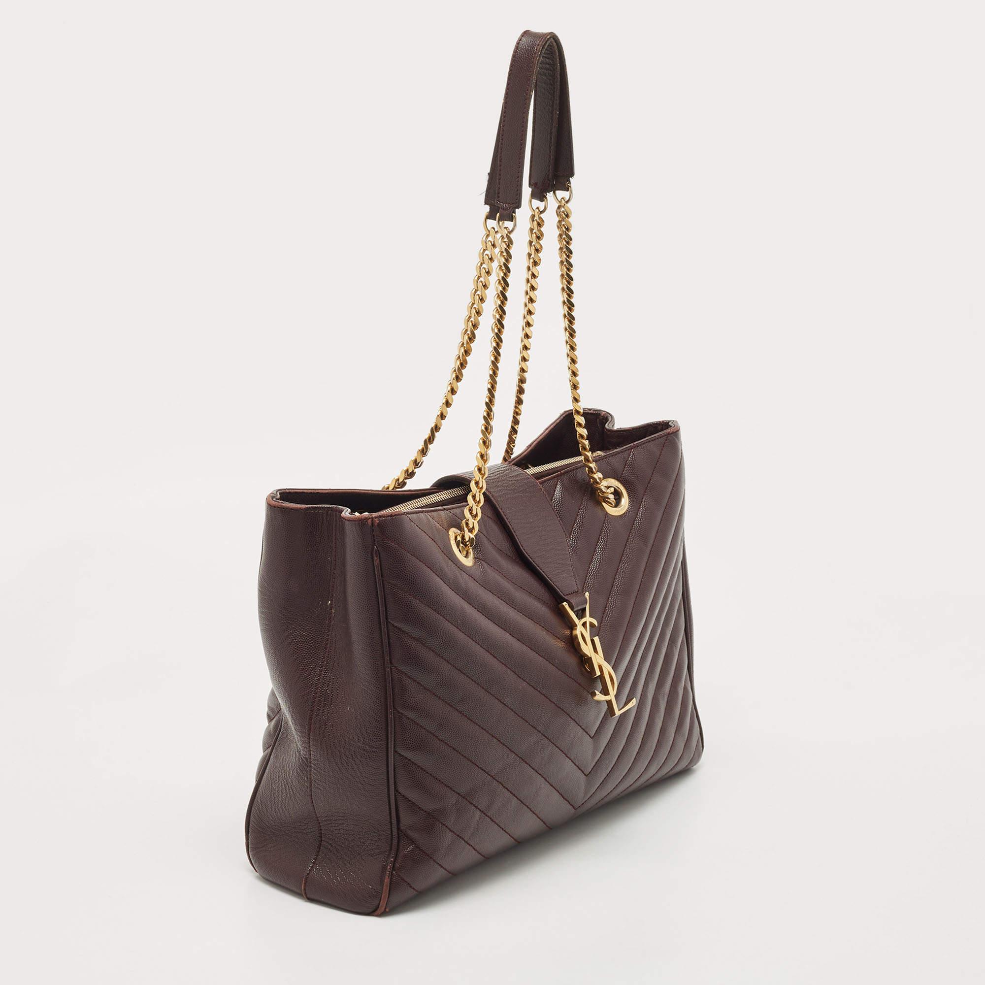 Black Saint Laurent Burgundy Chevron Leather Cassandre Chain Tote