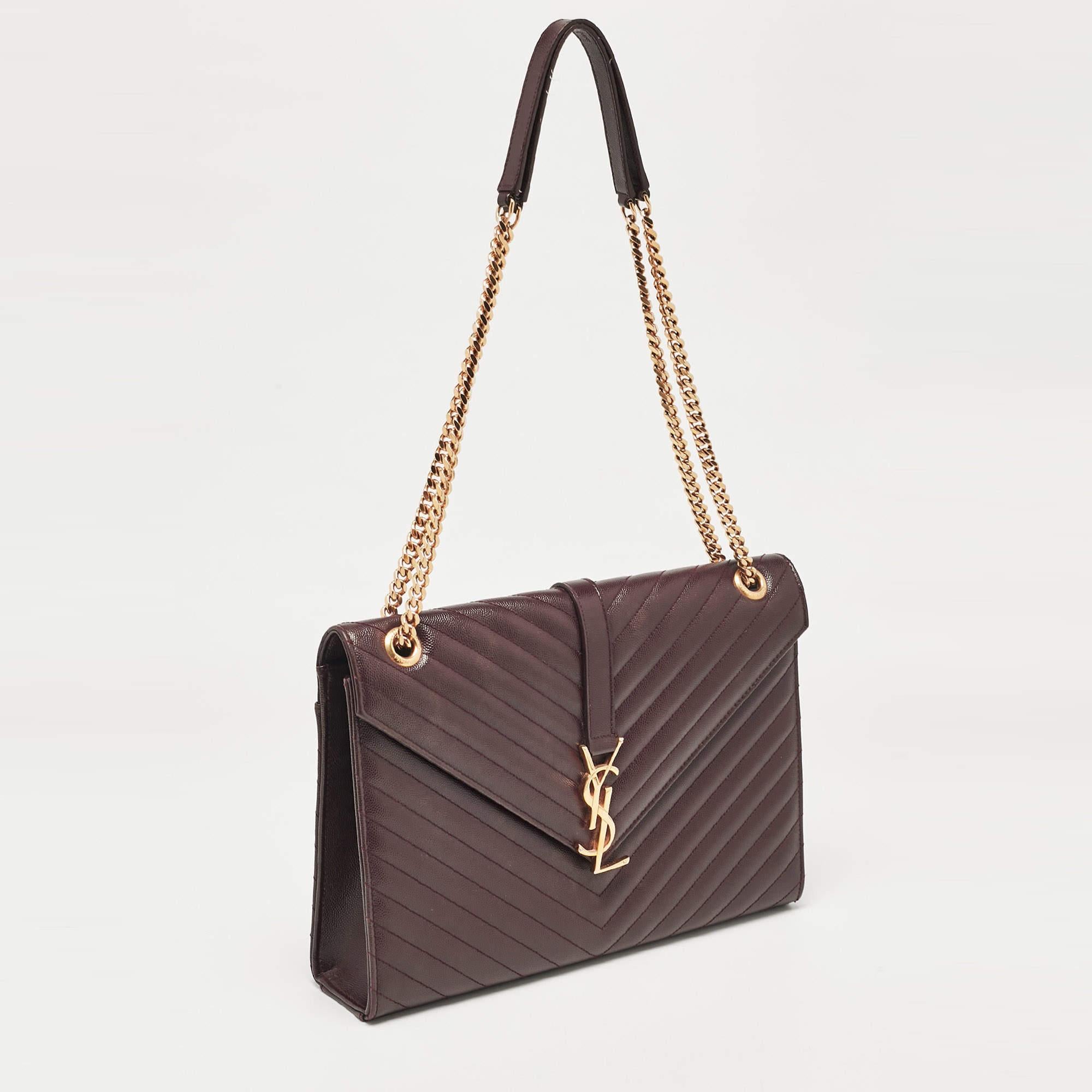 Brown Saint Laurent Burgundy Chevron Leather Large Monogram Envelope Shoulder Bag For Sale
