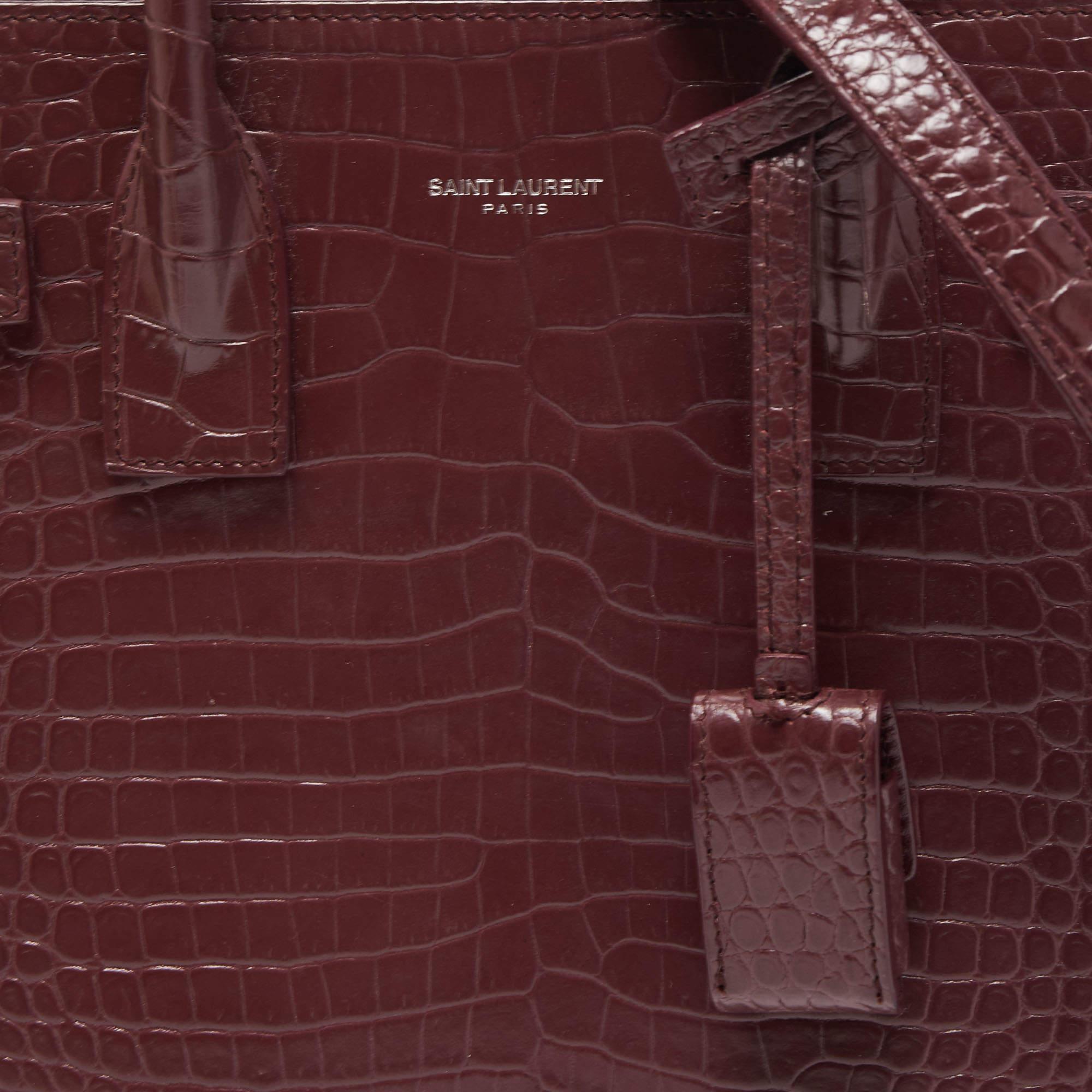 Saint Laurent Burgundy Croc Embossed Leather Baby Classic Sac De Jour Tote 8