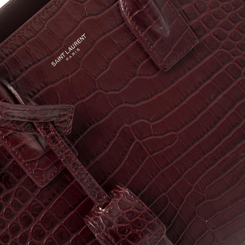 Saint Laurent Burgundy Croc Embossed Leather Baby Classic Sac De Jour Tote 5