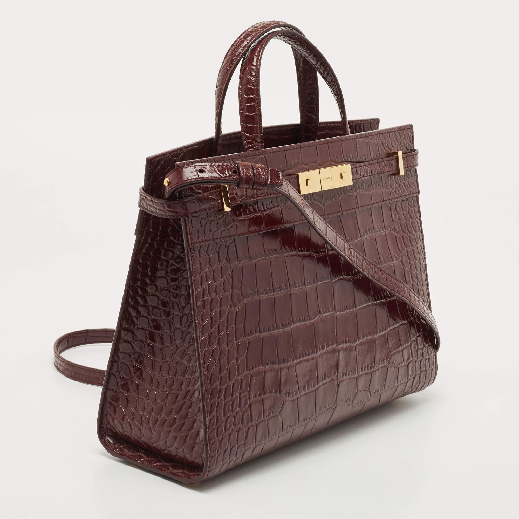 Women's Saint Laurent Burgundy Croc Embossed Leather Manhattan Tote