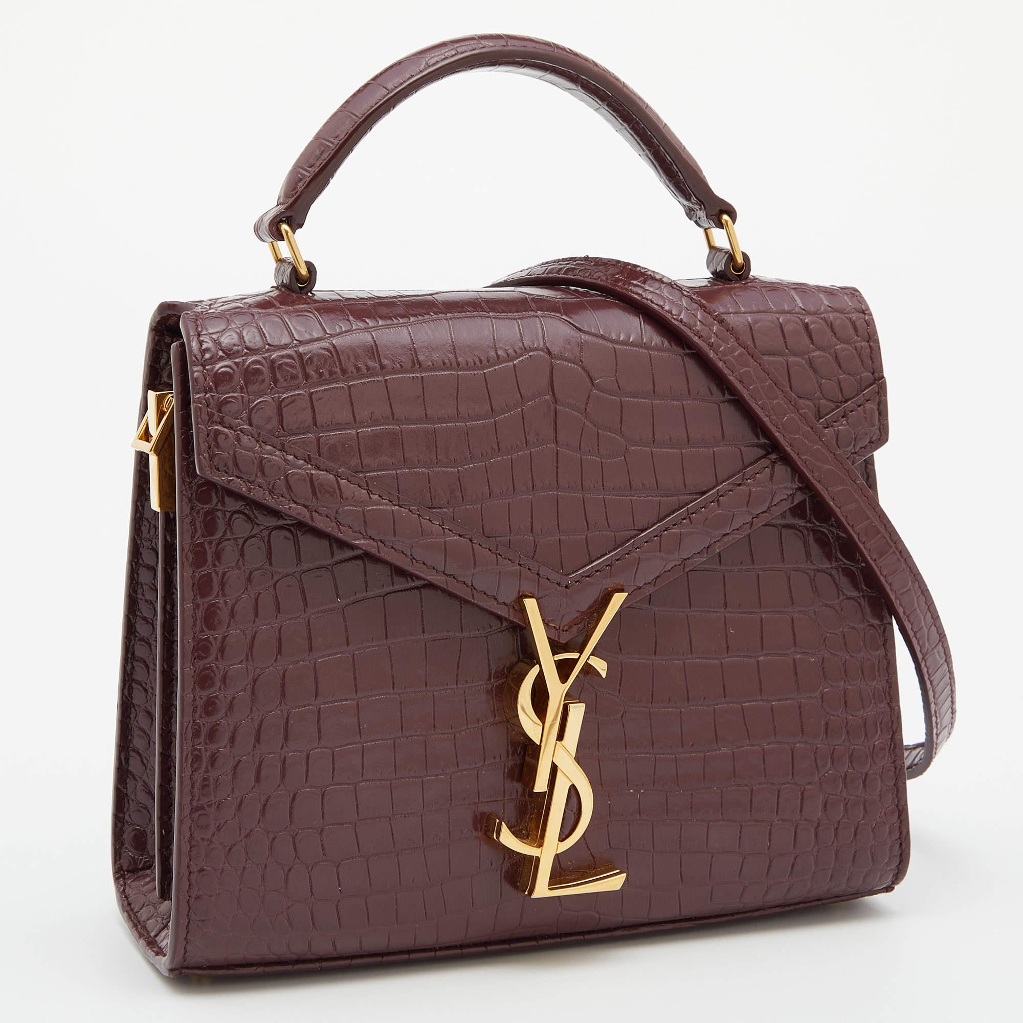 Women's Saint Laurent Burgundy Croc Embossed Leather Mini Cassandra Top Handle Bag