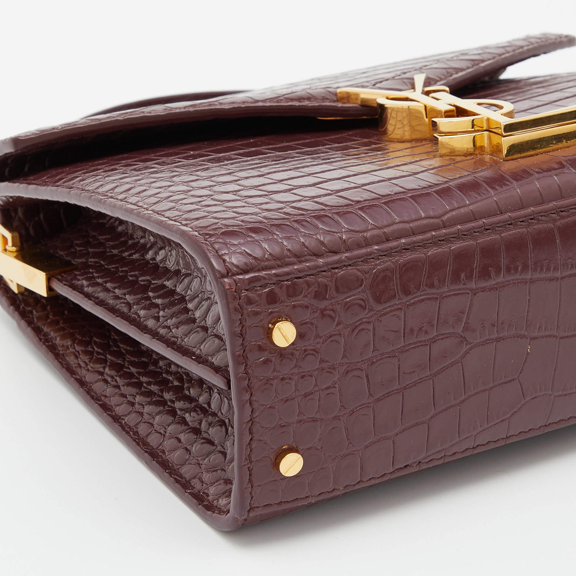 Saint Laurent Burgundy Croc Embossed Leather Mini Cassandra Top Handle Bag 2